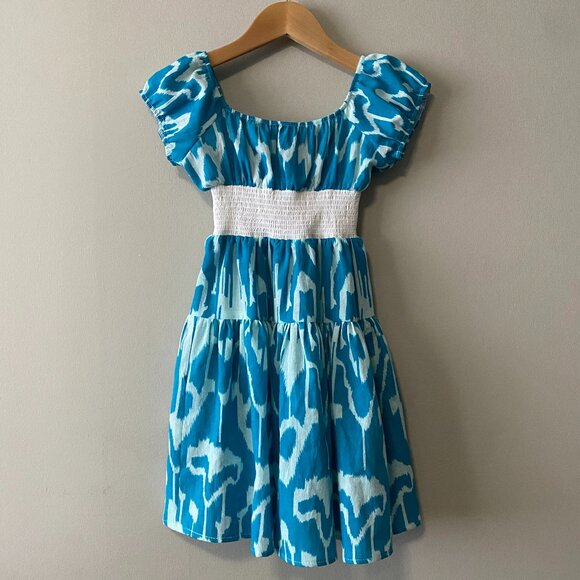 Handmade Children's 100% Cotton Blue Pattern White Elastic Waist Dress - Picture 1 of 10